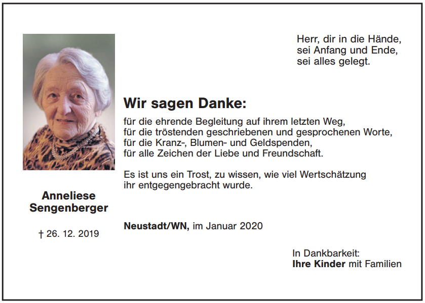 Danksagung Anneliese Sengenberger NeustadtWN
