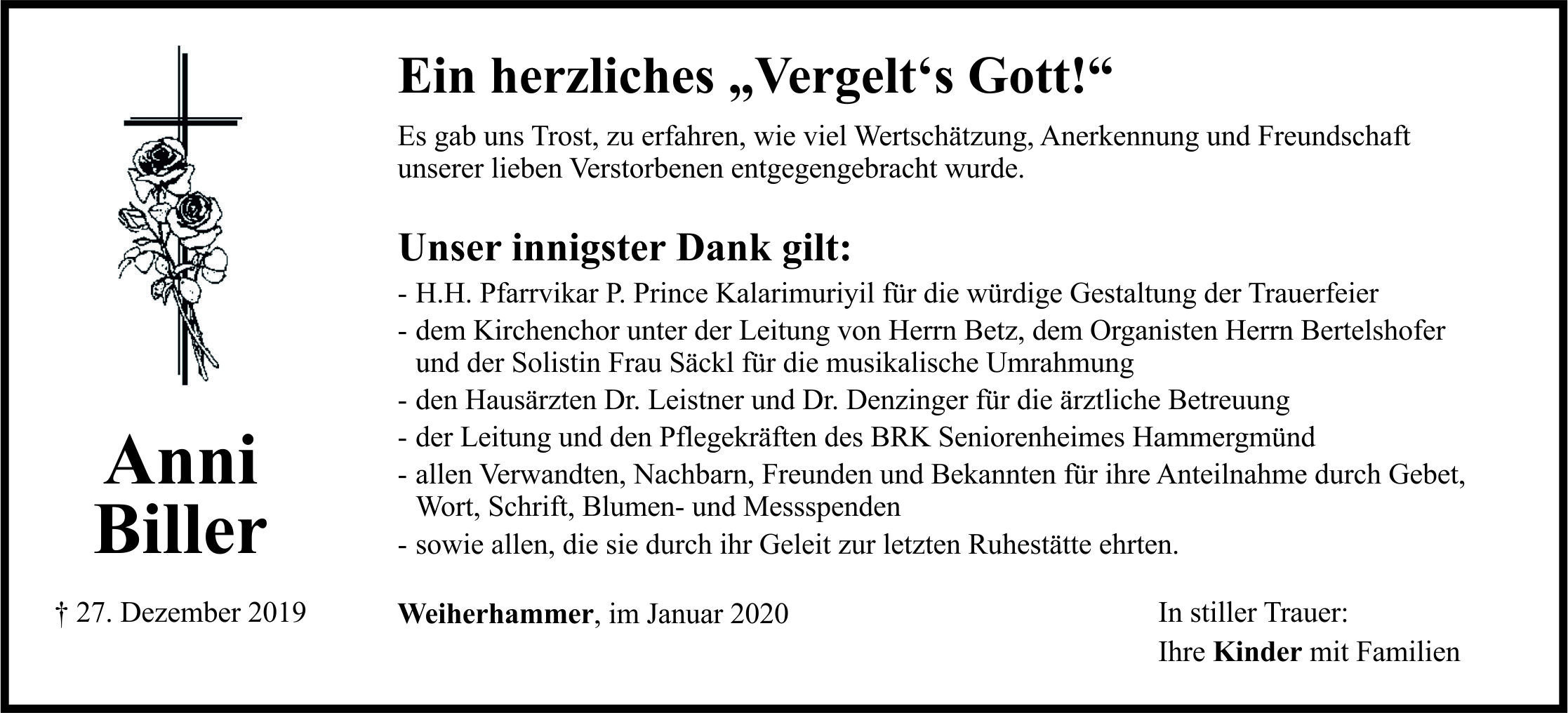 Danksagung Anni Biller, Weiherhammer