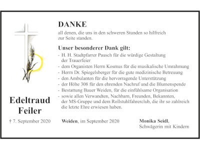 Danksagung Edeltraud Feiler, Weiden