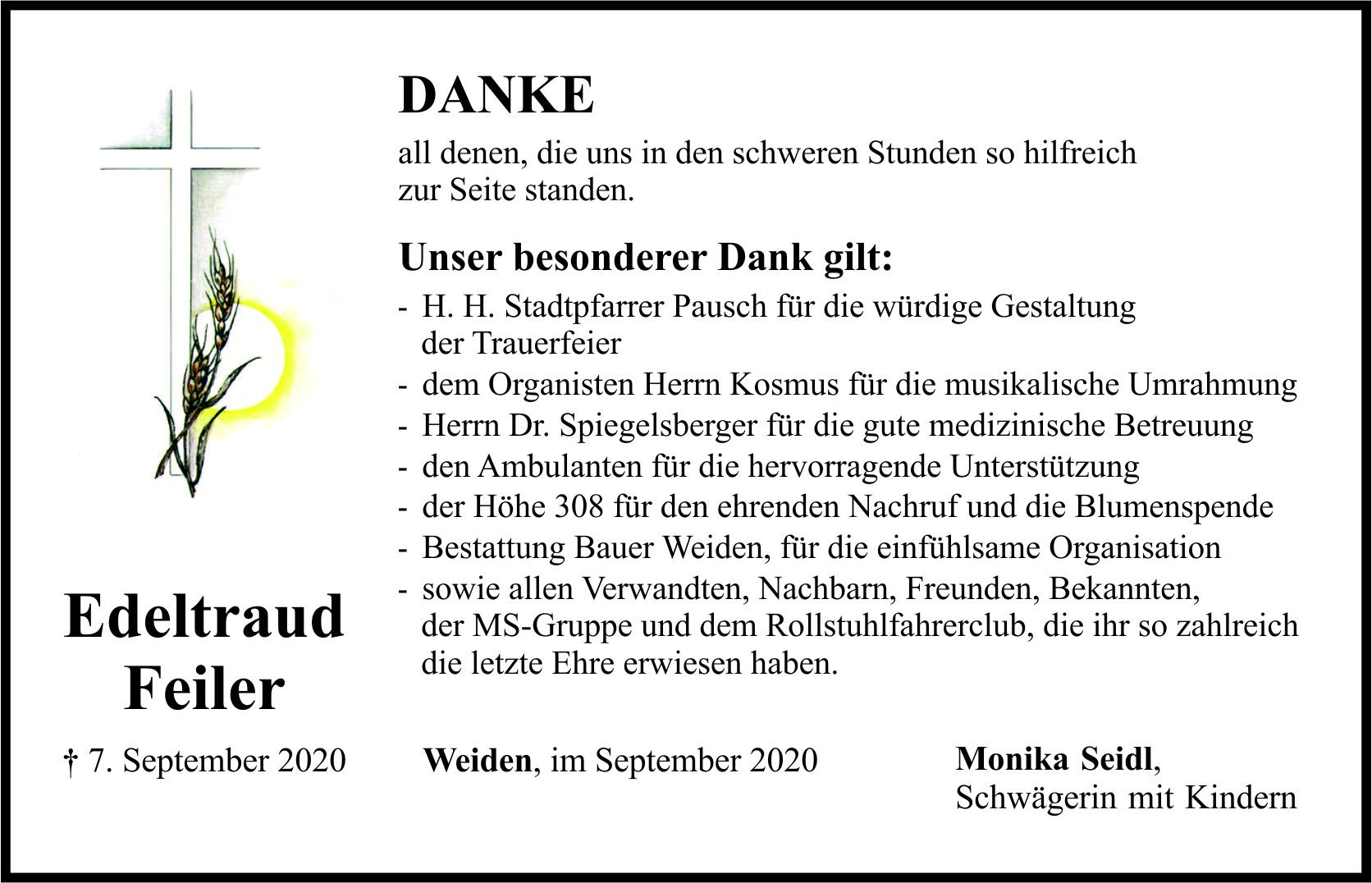 Danksagung Edeltraud Feiler; Weiden