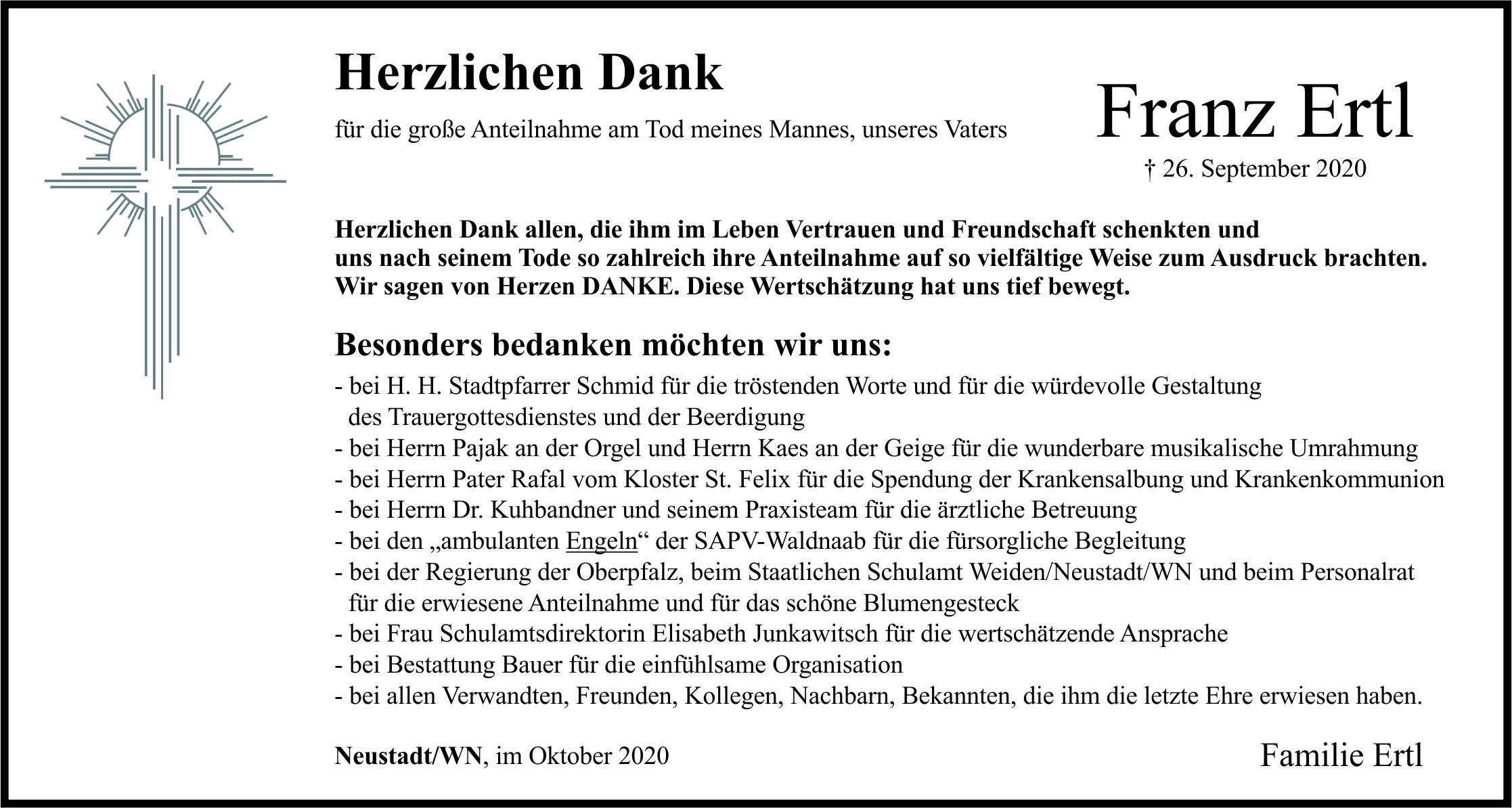 Danksagung Franz Ertl, Neustadt-WN