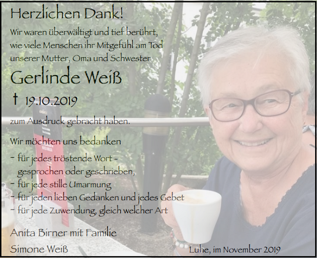Danksagung Gerlinde Weiß Luhe