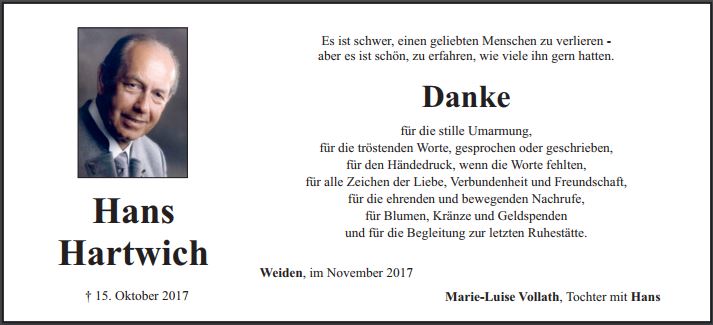 Danksagung Hans Hartwich Weiden
