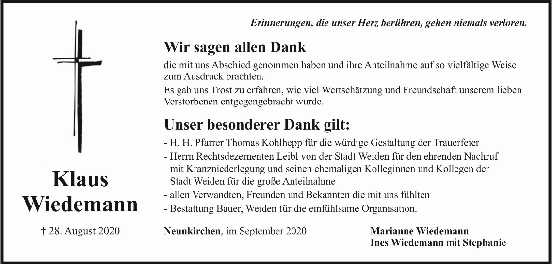 Danksagung Klaus Wiedemann, Neunkirchen