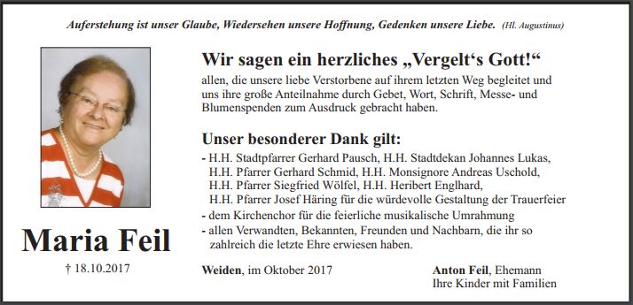 Danksagung Maria Feil Weiden