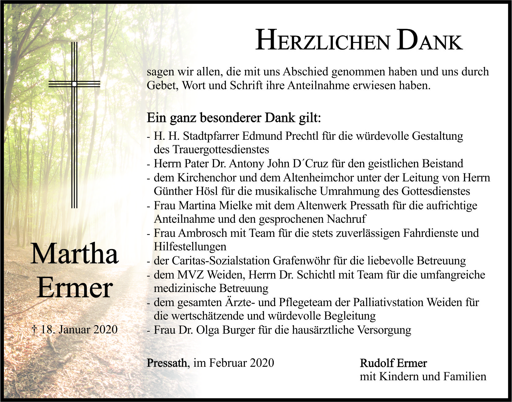 Danksagung Martha Ermer, Pressath