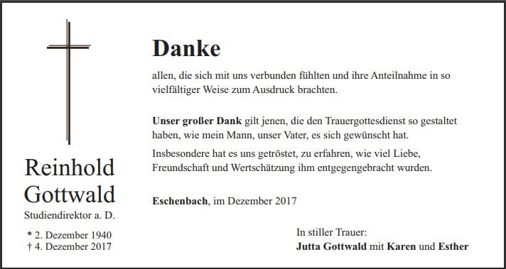 Danksagung Reinhold Gottwald Eschenbach
