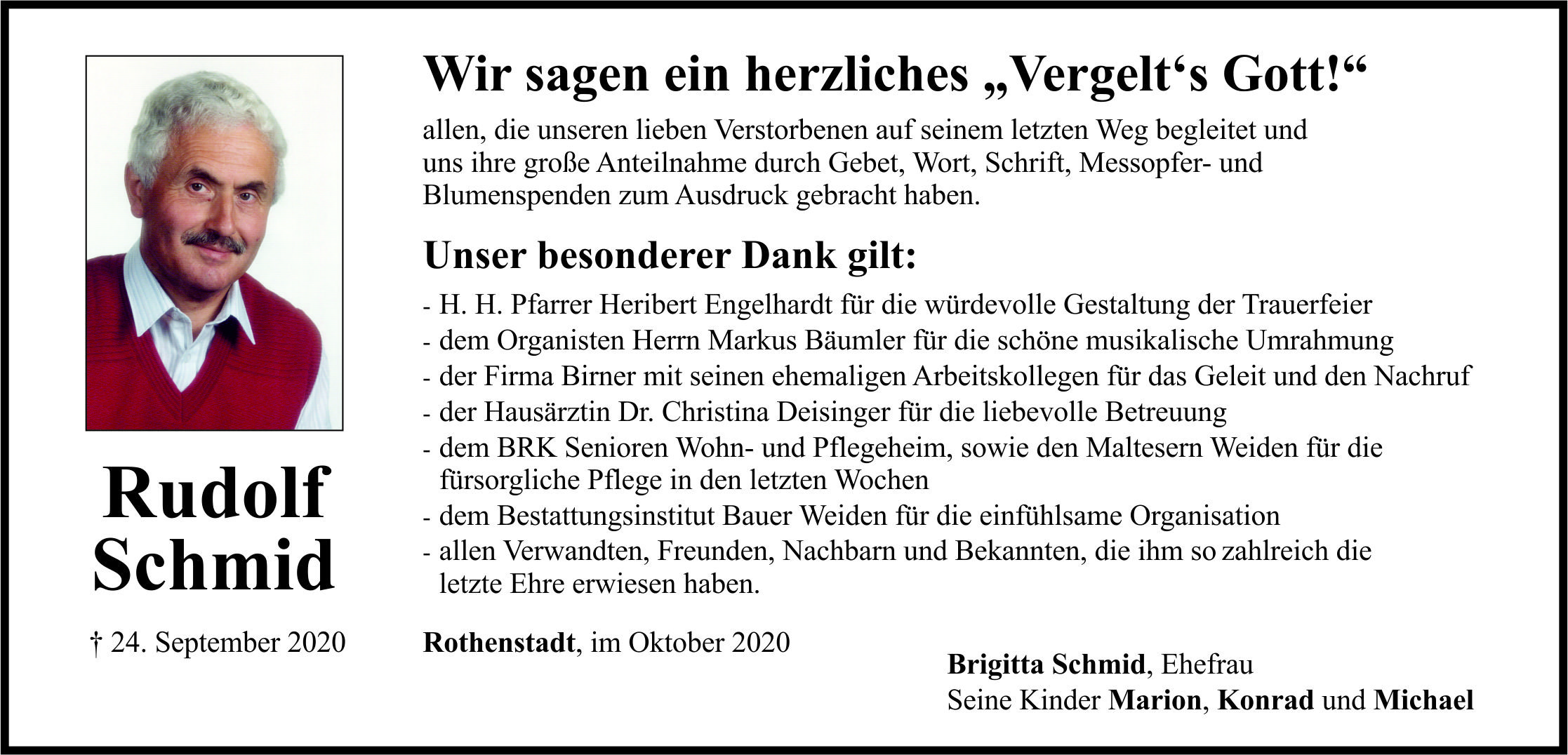 Danksagung Rudolf Schmid, Rothenstadt..