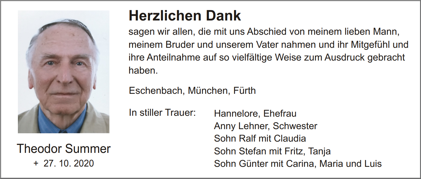 Danksagung Theodor Summer, Eschenbach