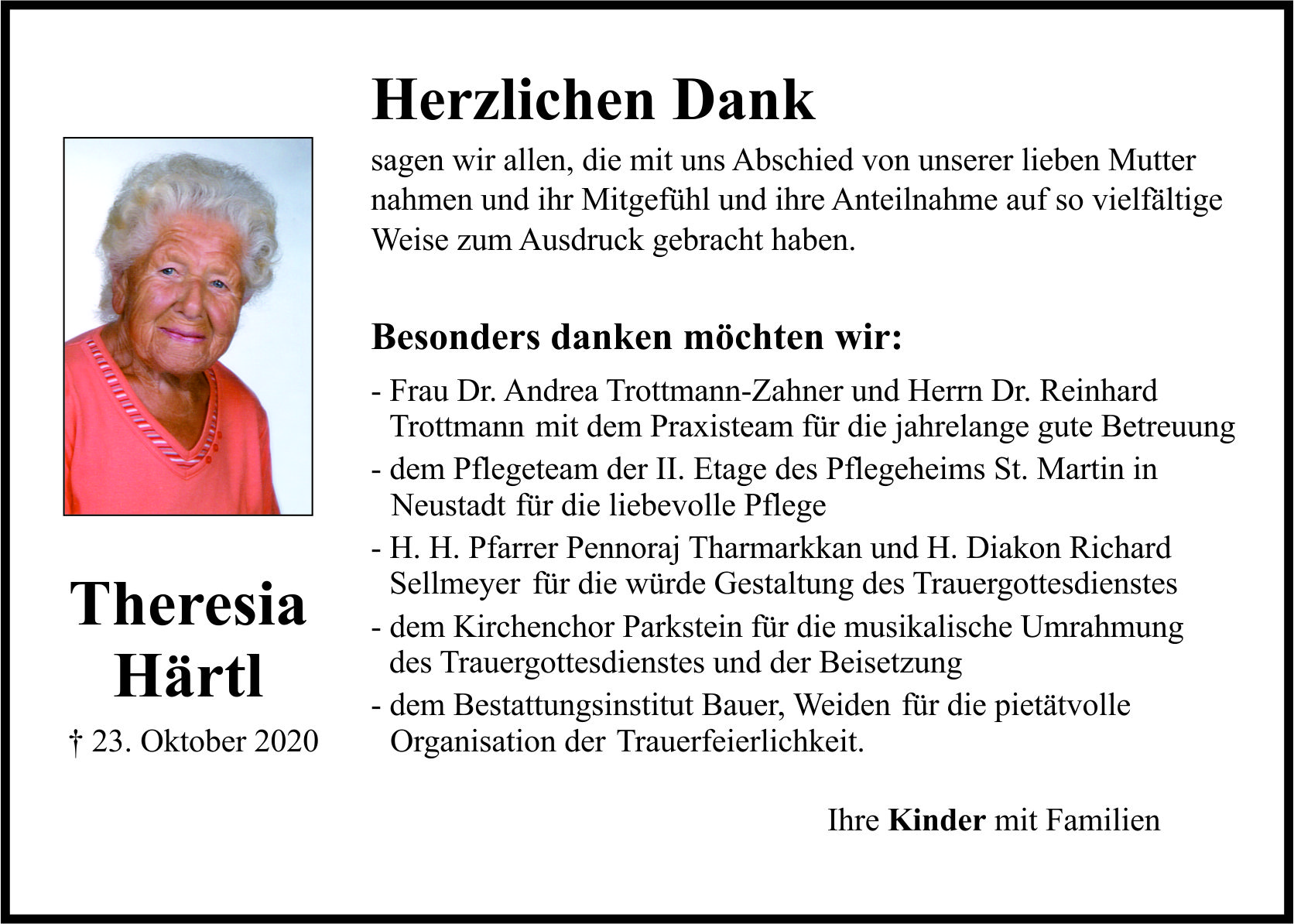 Danksagung Theresia Härtl, Hammerles