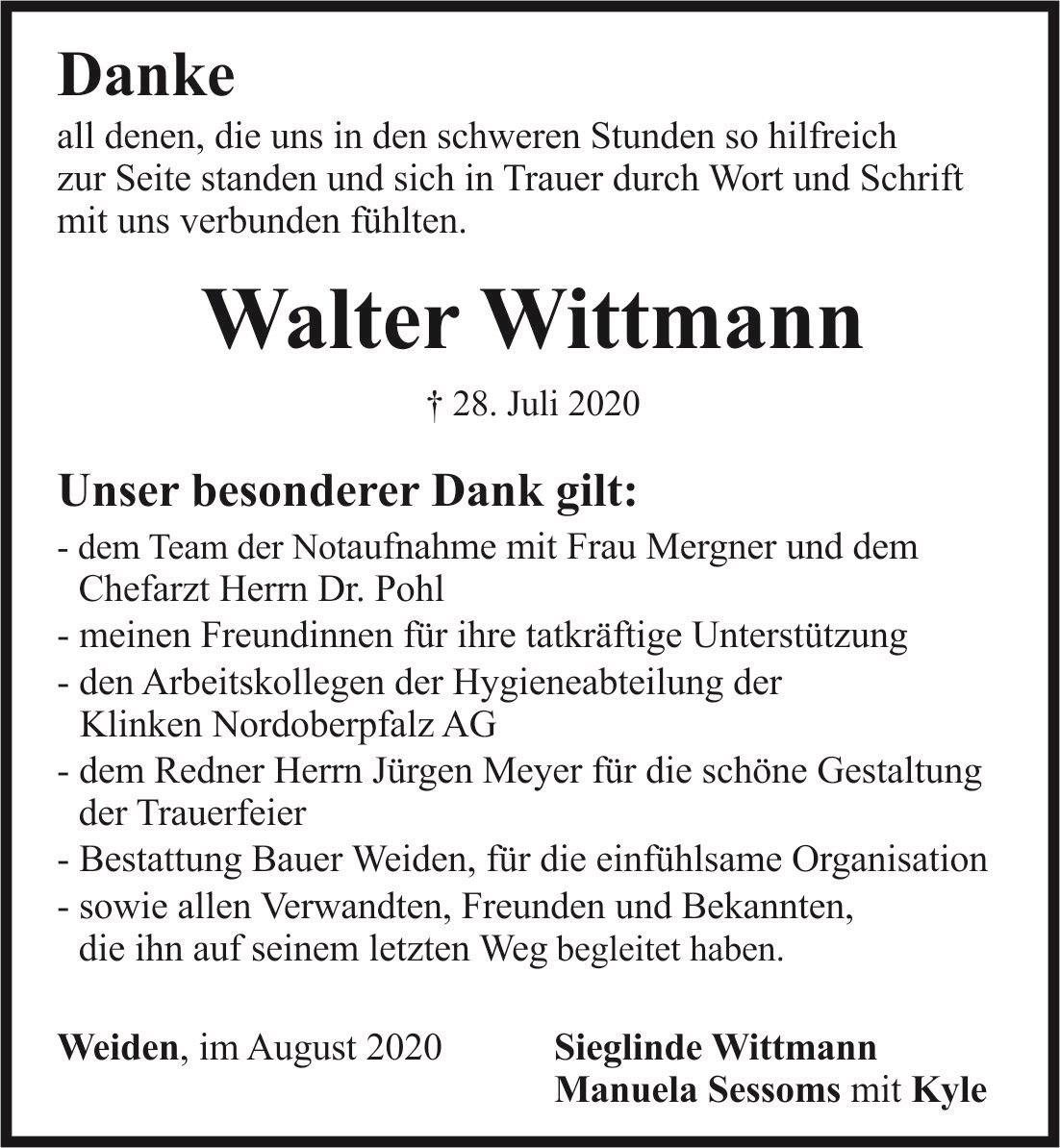 Danksagung Walter Wittmann Weiden