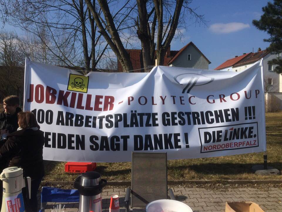 Die Linke Weiden Protestaktion Polytec Group Standortschließung Arbeitsplätze gestrichen Bild Ali Daniel Zant Die Linke Weiden1