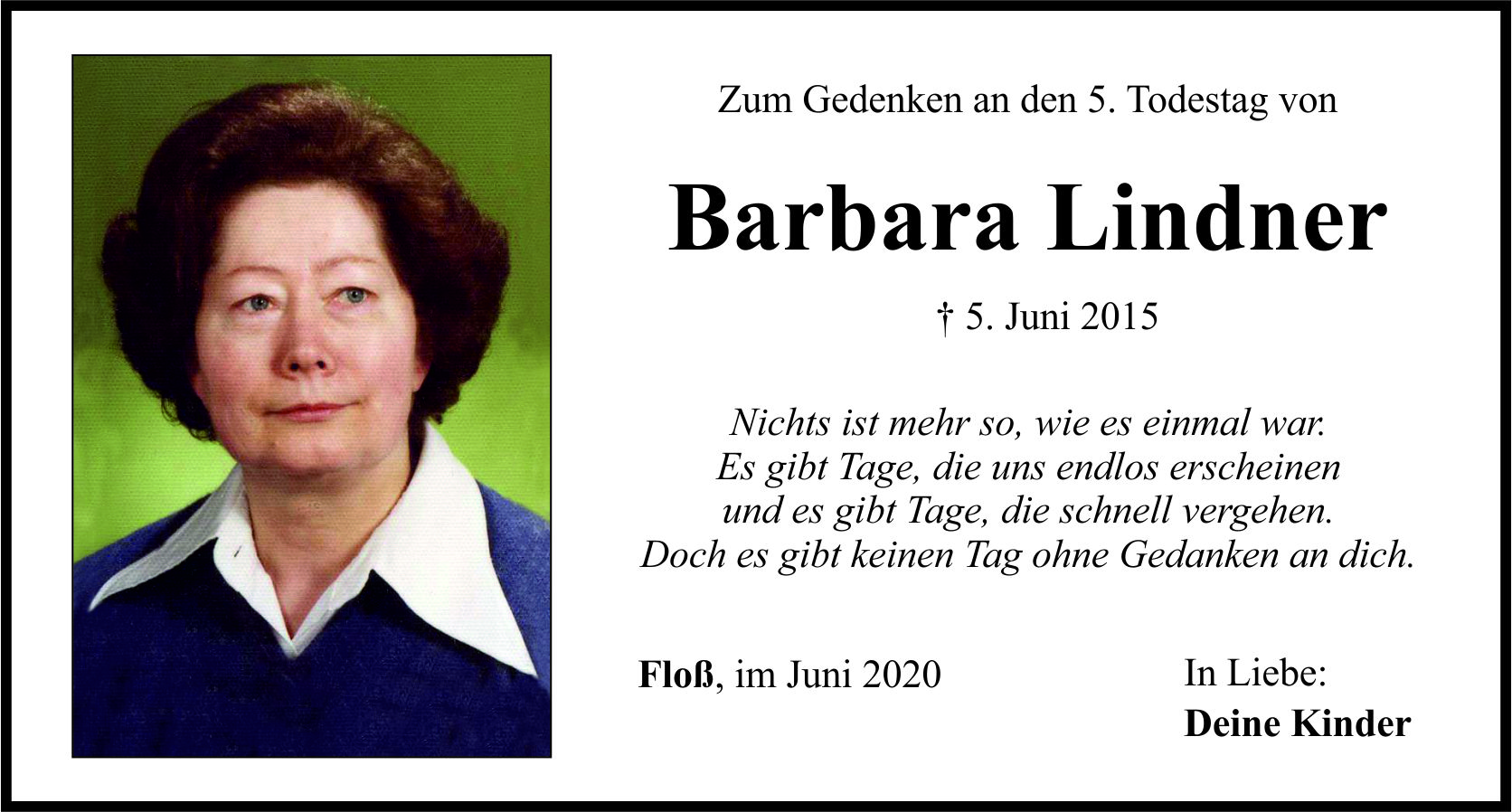 Gedenkanzeige Barbara Lindner