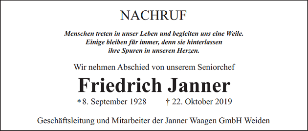 Nachruf Friedrich Janner Mantel