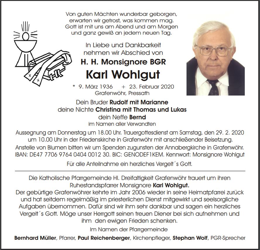 Pfarrer Karl Wohlgut Grafenwöhr gestorben Traueranzeige