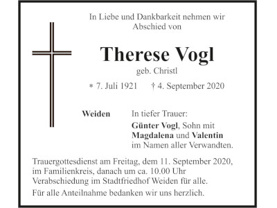 Traueranzeige Therese Vogl, Weiden