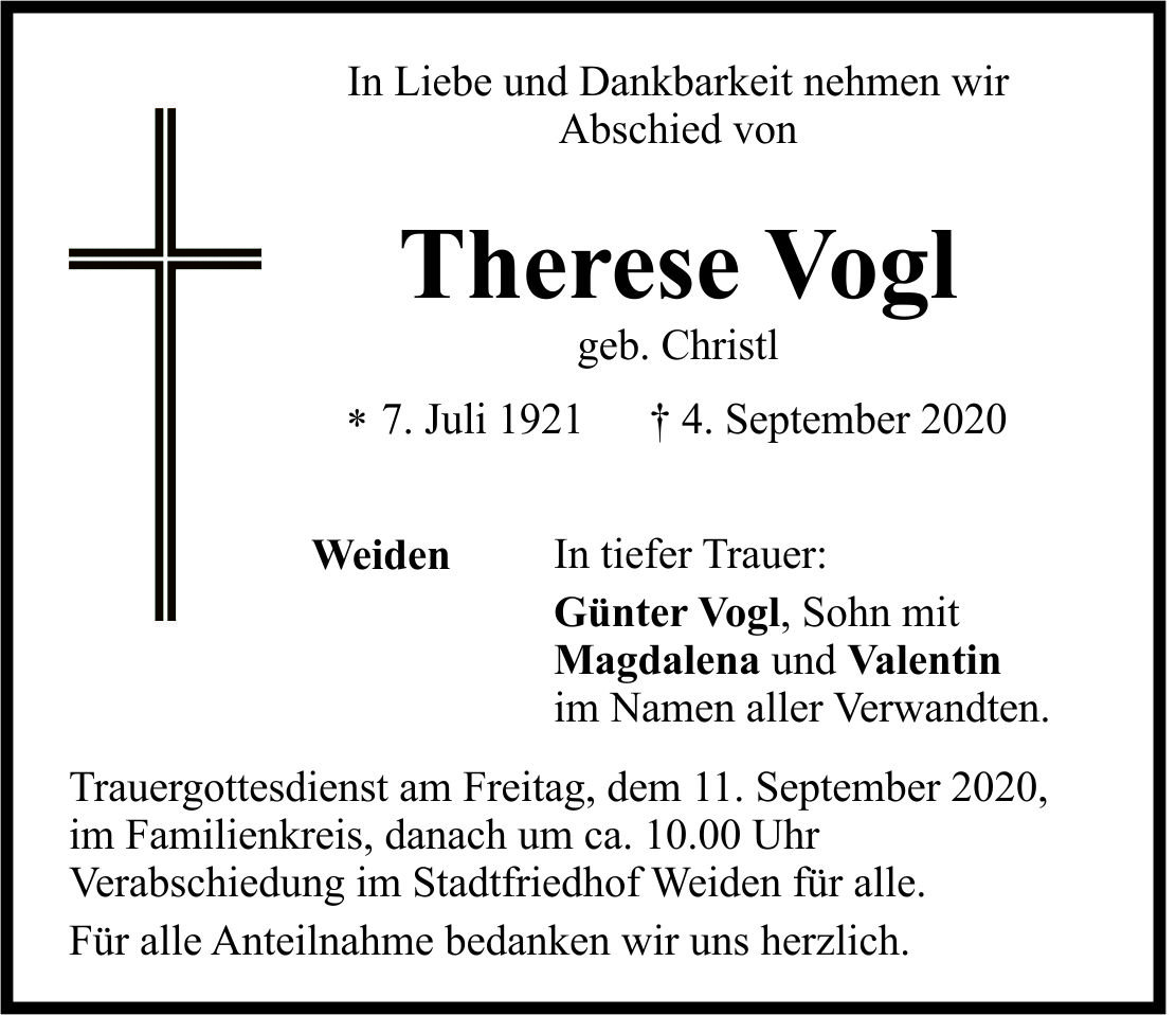 Traueranzeige Therese Vogl 400x300