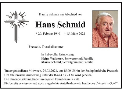 Traueranzeige Hans Schmid, Pressath
