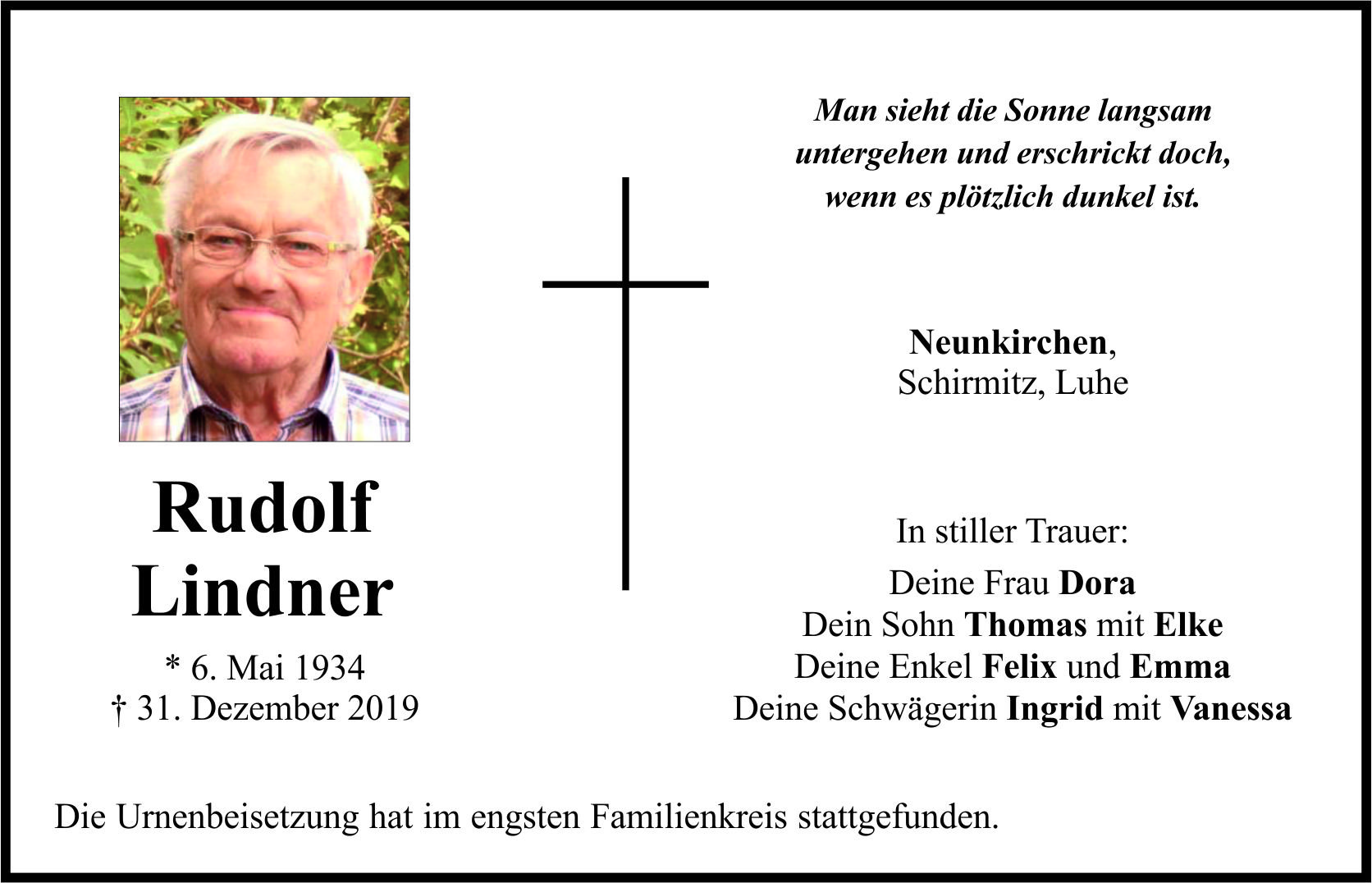 Traueranzeige Rudolf Lindner, Neunkirchen