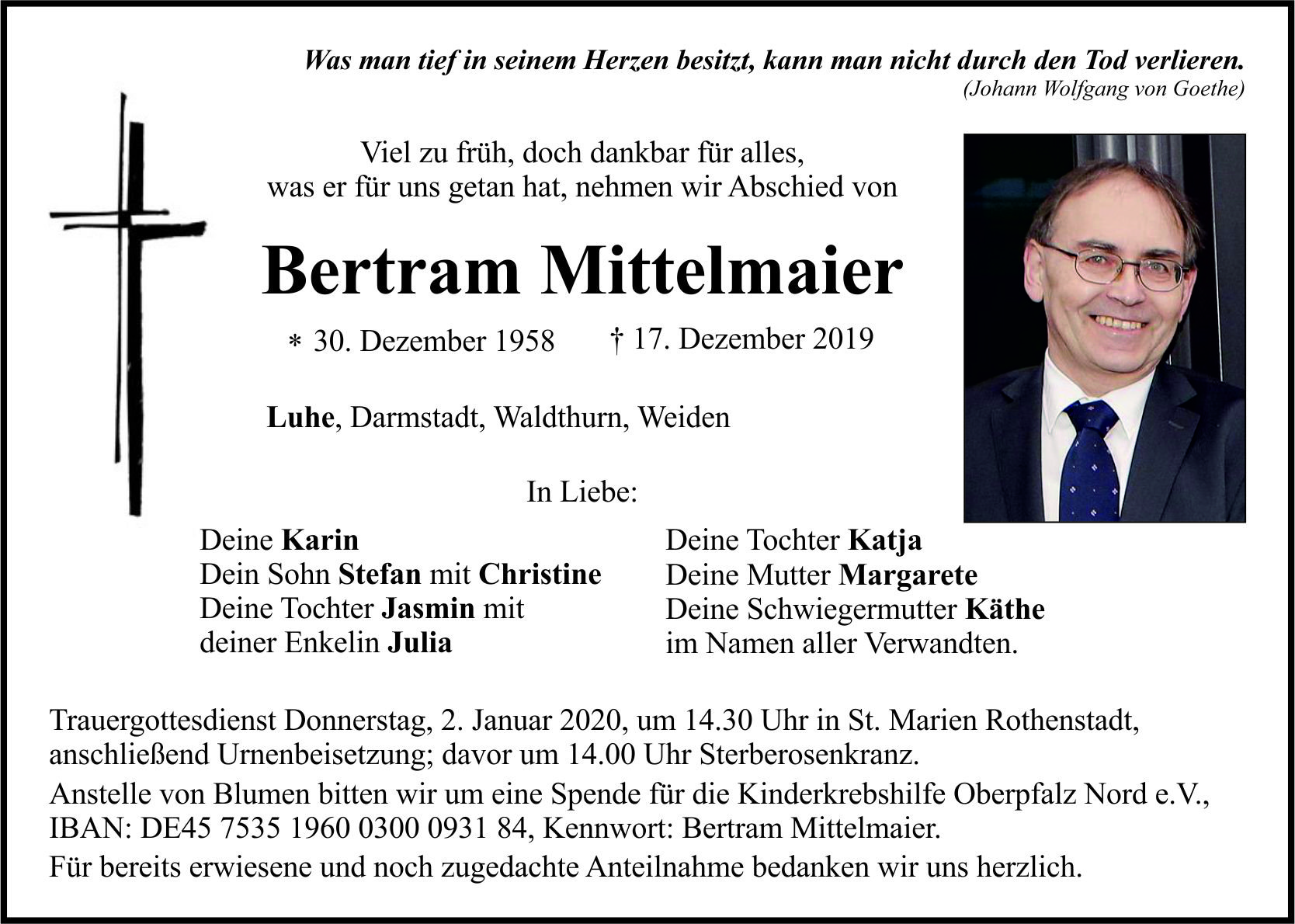 Traueranzeige Bertram Mittelmaier, Luhe-Wildenau