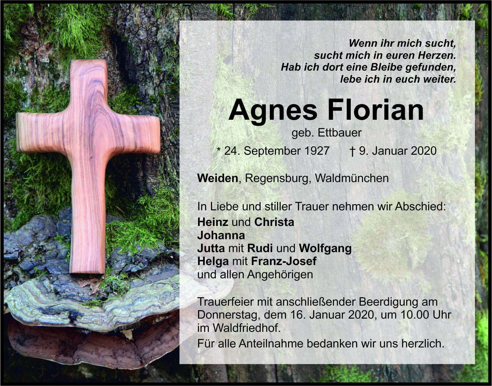 Traueranzeige Agnes Florian, Weiden