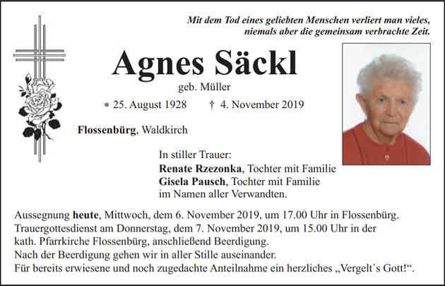 Traueranzeige Agnes Säckl Flossenbürg