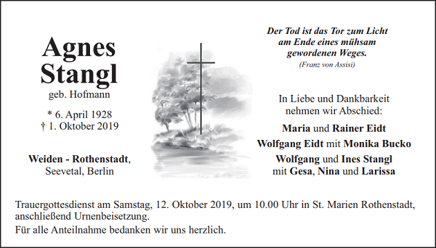 Traueranzeige Agnes Stangl Weiden