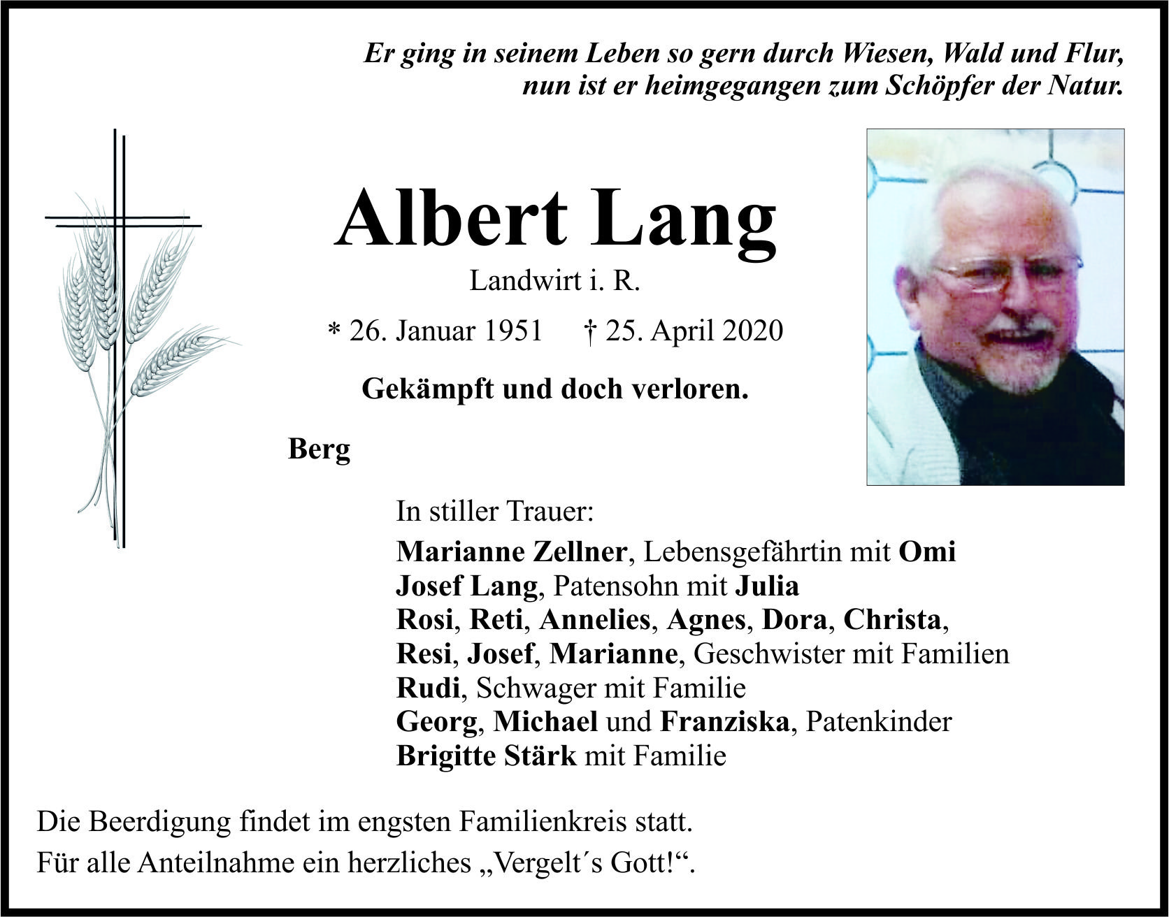 Traueranzeige Albert Lang
