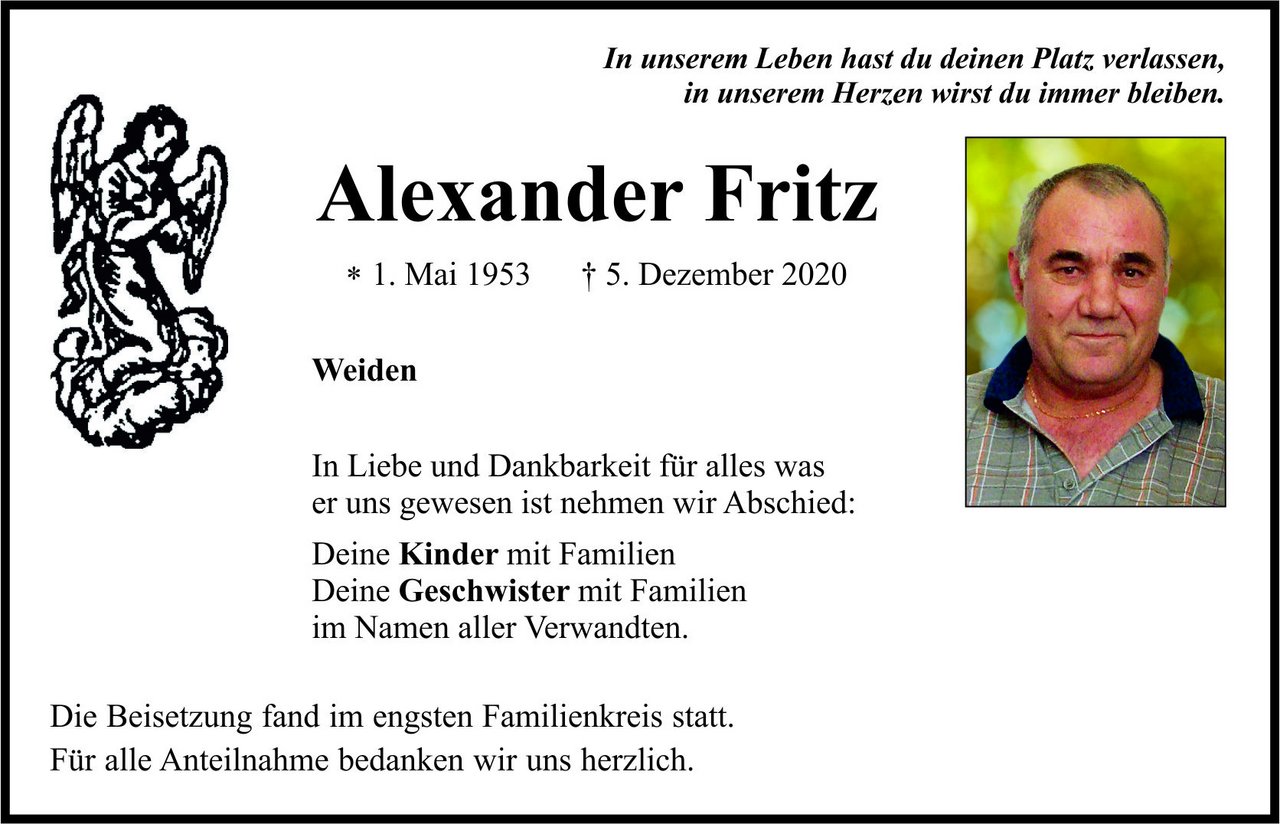 Traueranzeige Alexander Fritz, Weiden
