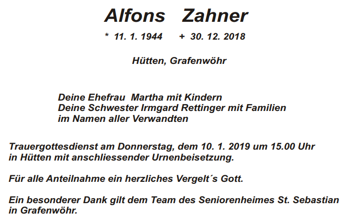 Traueranzeige Alfons Zahner Hütten