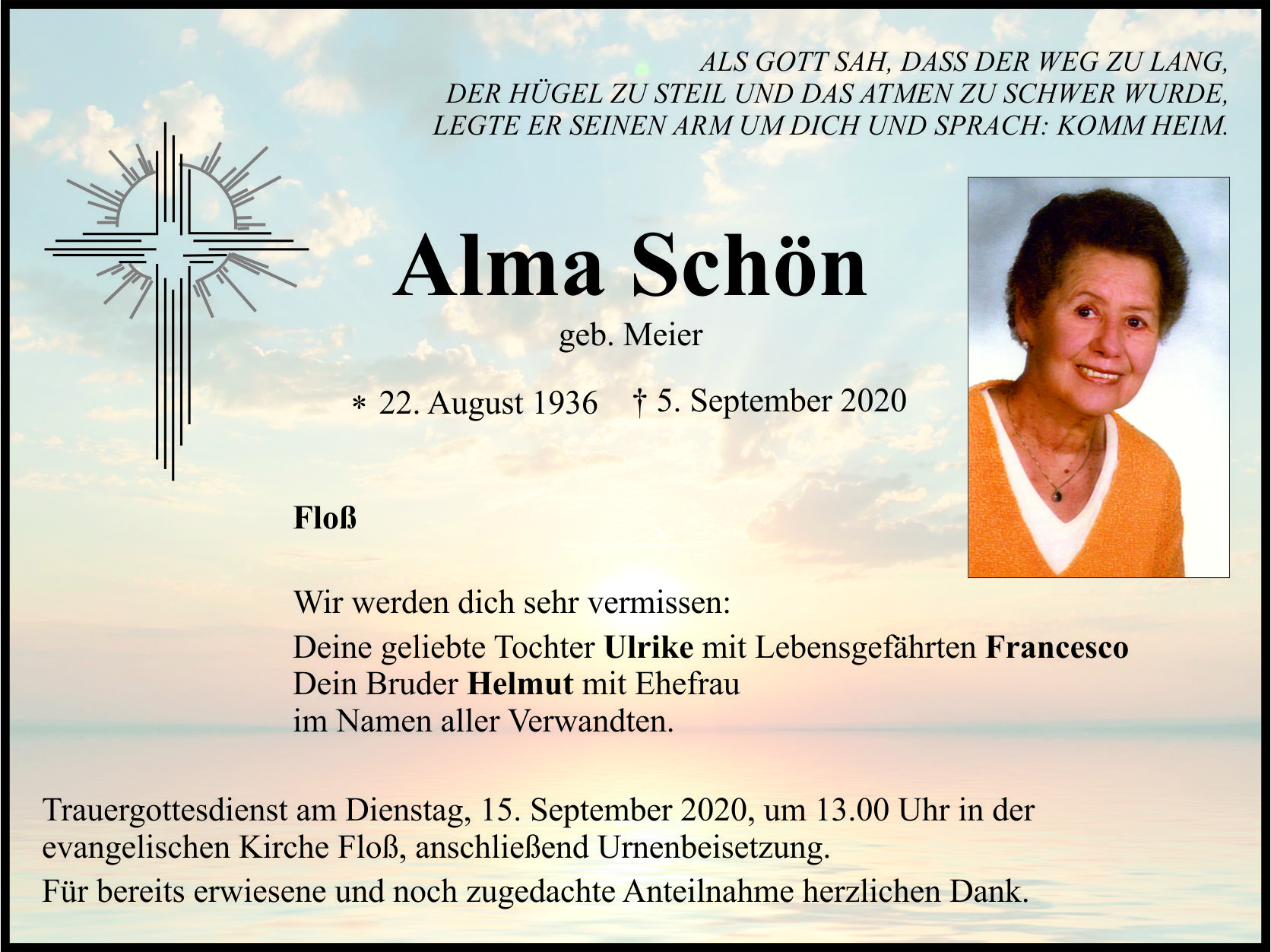 Traueranzeige Alma Schön, Floß
