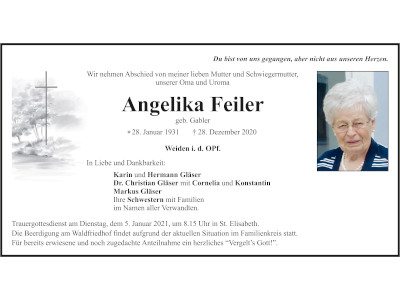 Traueranzeige Angelika Feiler, Weiden