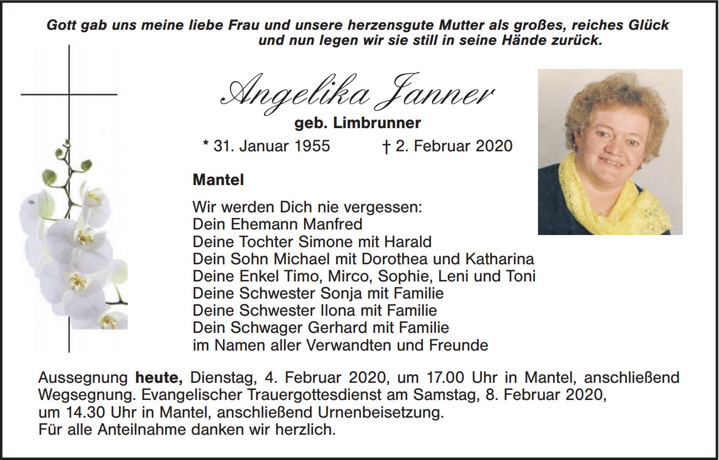 Traueranzeige Angelika Janner, Mantel