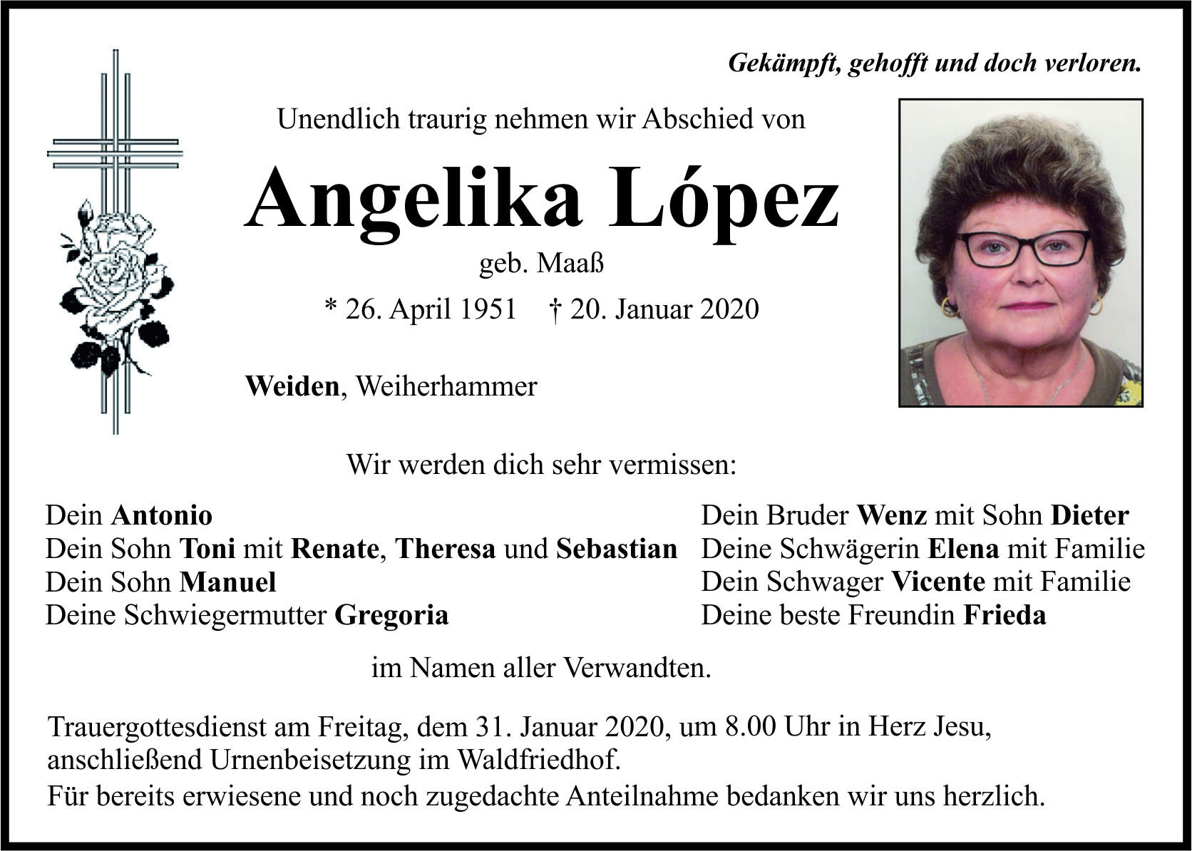 Traueranzeige Angelika Lopez. Weiden Weiherhammer