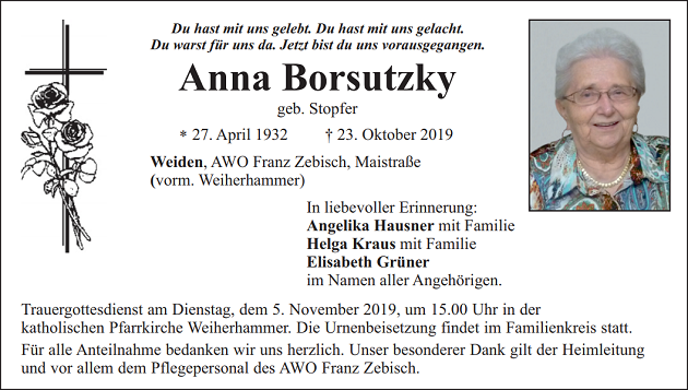 Traueranzeige Anna Borsutzky Weiden