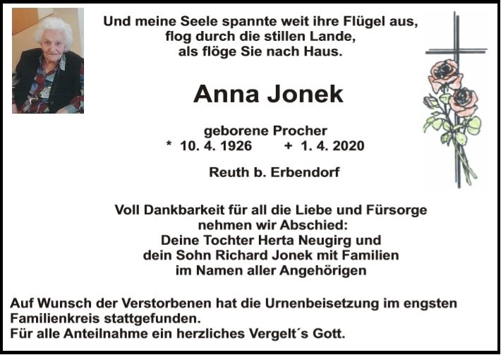 Traueranzeige Anna Jonek