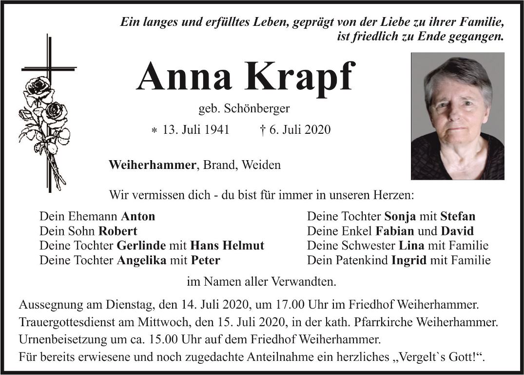 Traueranzeige Anna Krapf, Weiherhammer Brand Weiden ä