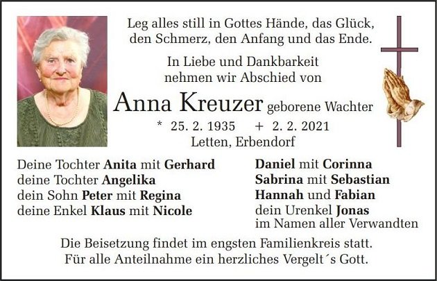 Traueranzeige Anna Kreuzer Letten