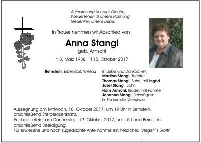 Traueranzeige Anna Stangl Bernstein Windischeschenbach