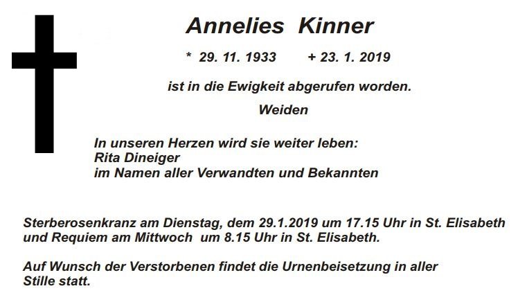 Traueranzeige Annelies Kinner Weiden