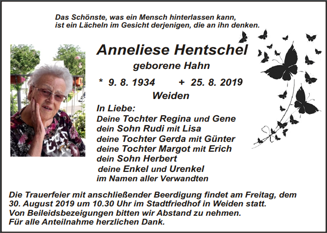 Traueranzeige Anneliese Hentschel Weiden
