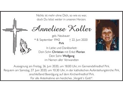 Traueranzeige Anneliese Koller, Pirk