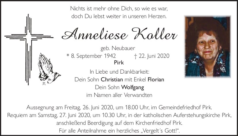 Traueranzeige Anneliese Koller