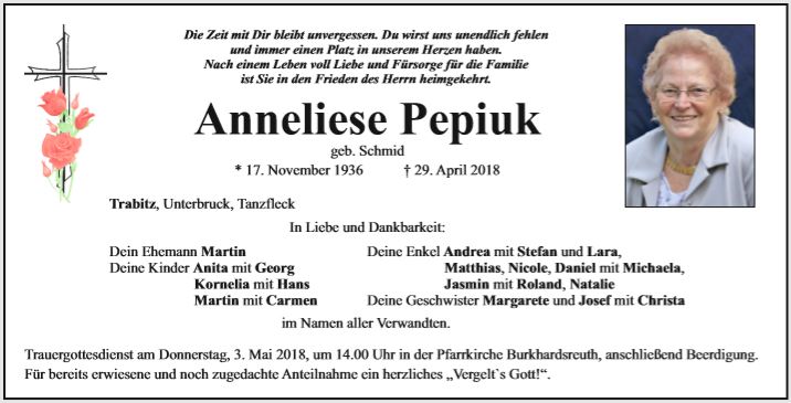 Traueranzeige Anneliese Pepiuk Trabitz