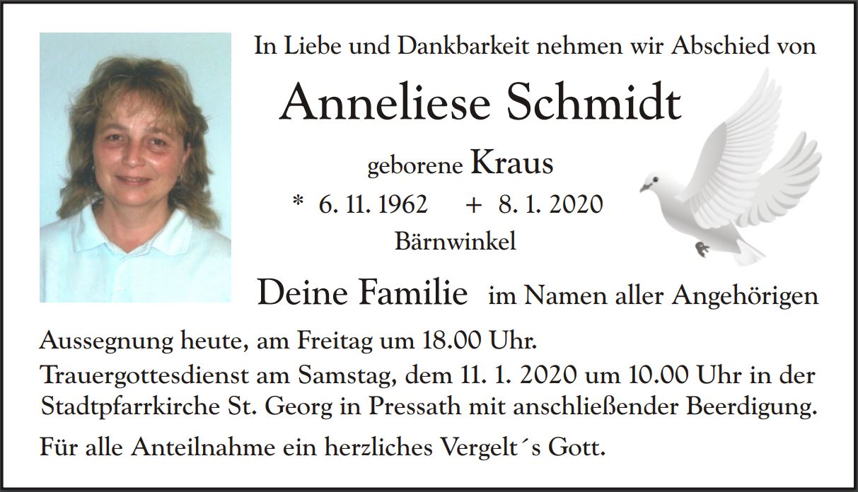 Traueranzeige Anneliese Schmidt, Bärnwinkel