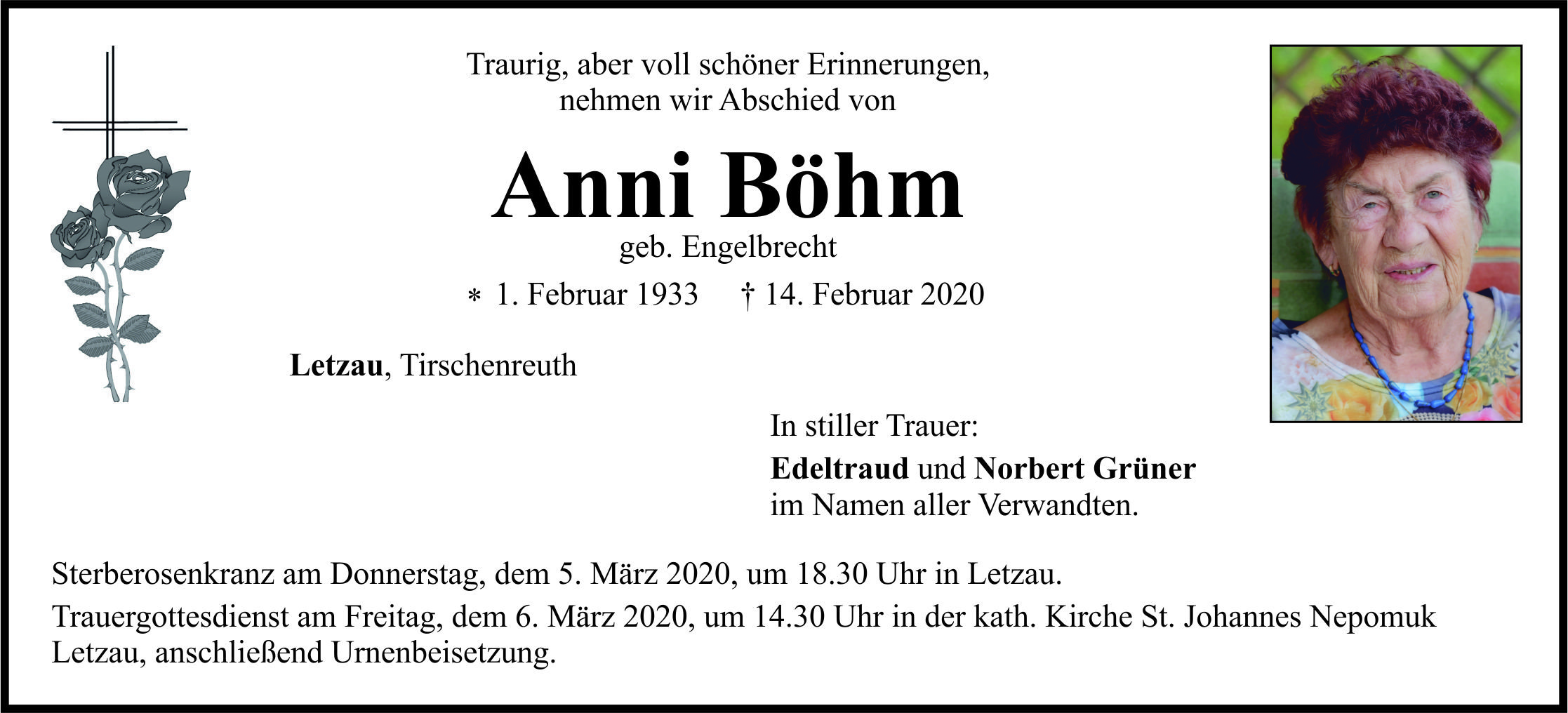 Traueranzeige Anni Böhm Letzau,Tirschenreuth