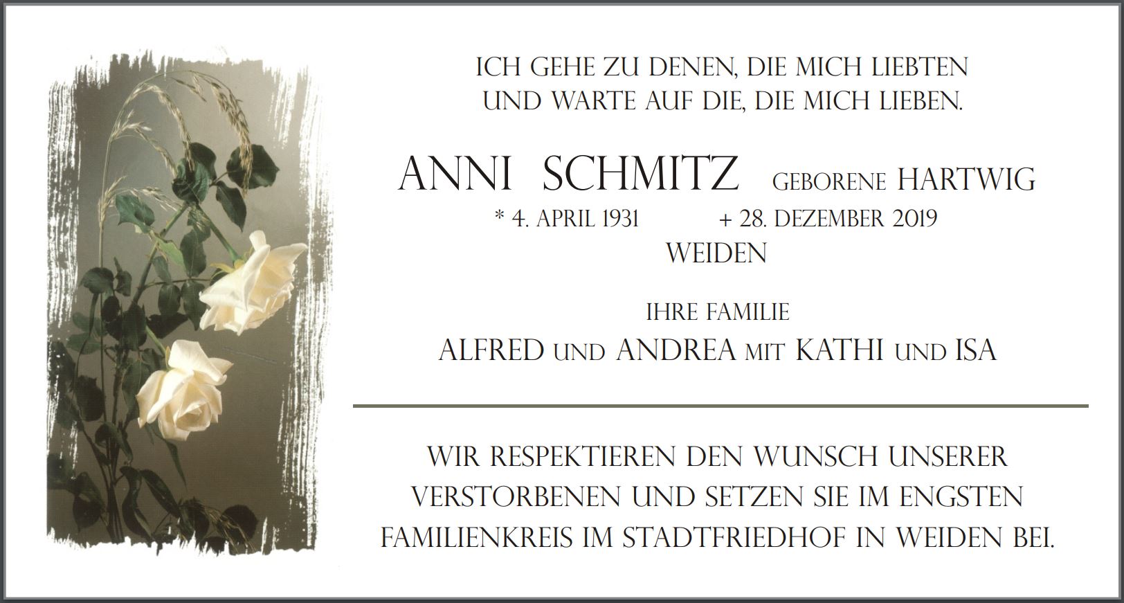 Traueranzeige Anni Schmitz, Weiden