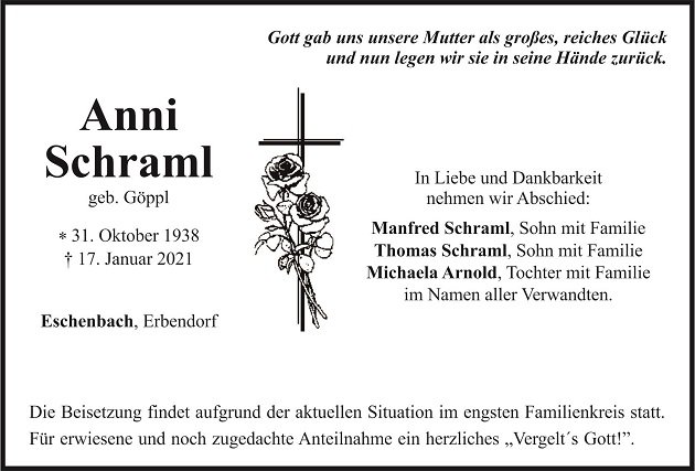Traueranzeige Anni Schraml Eschenbach