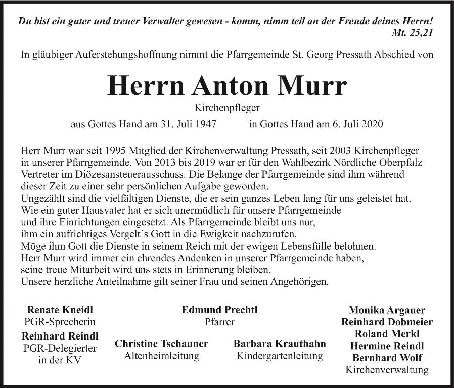 Traueranzeige Anton Murr, Pressath