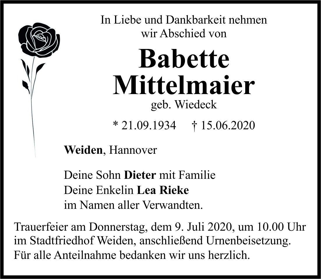 Traueranzeige Babette Mittelmaier, Weiden